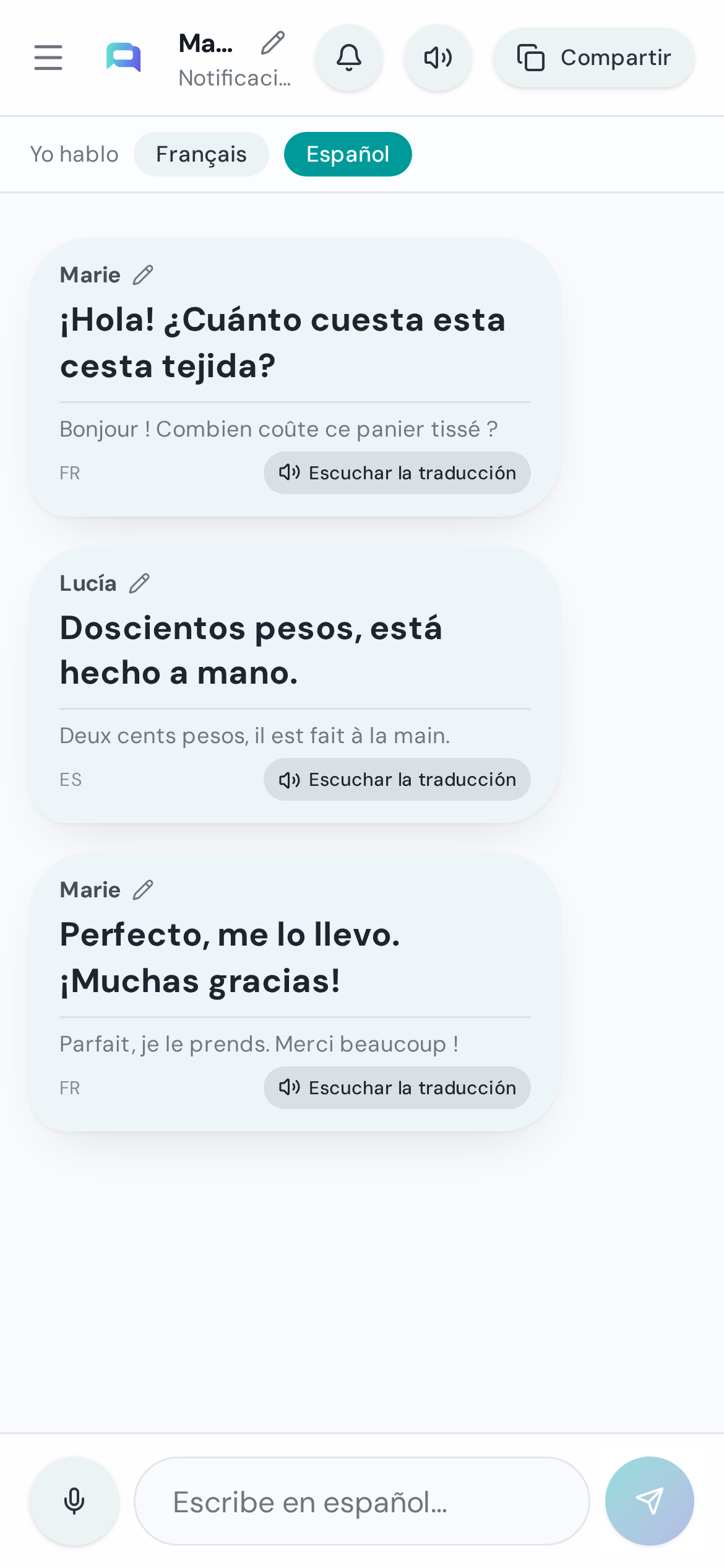 L'interface Parlo côté espagnol