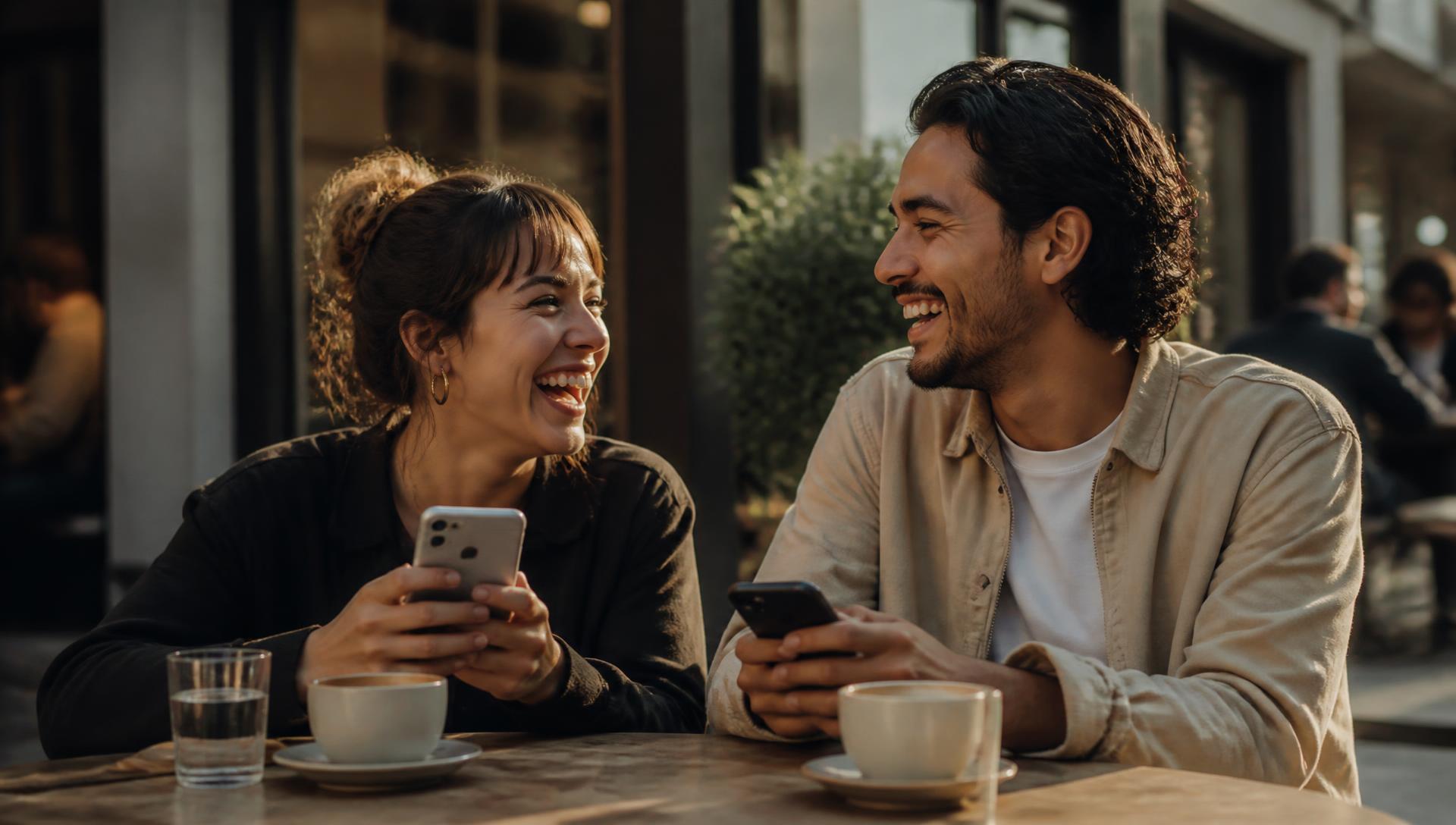 Deux personnes discutent au café, chacune avec son téléphone